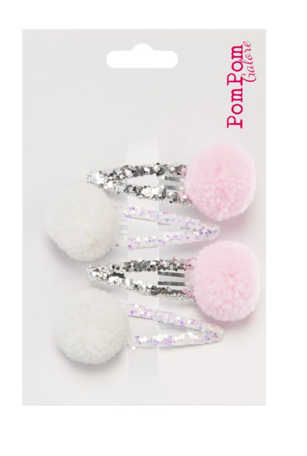 Pastel Pink and White Pompom Glitter Hair Slides By Pompom Galore